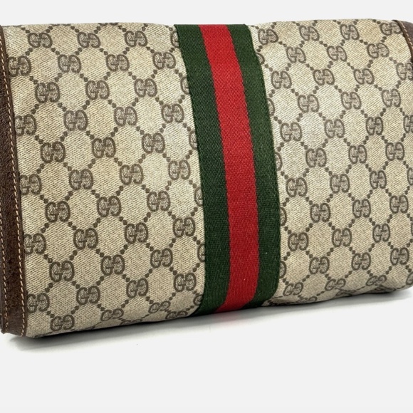 GUCCI GG Clutch Bag Red/Green Sherry Line GG Web PVC Leather Brown Clutch - Picture 3 of 10